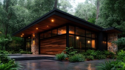 A stunning modern home featuring a sleek design, large windows, and natural materials, perfectly blending with its lush, serene forest surroundings and creating a tranquil oasis.