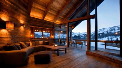 A cozy cabin interior featuring a warm wooden atmosphere, large windows showcasing breathtaking mountain views, perfect for moments of relaxation and connection with nature.