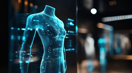 Futuristic wireframe mannequin glows with digital data streams and user interface elements, showcasing the integration of technology and retail in a modern shopping environment