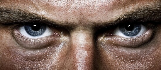 Angry blue eyes closeup, man's face, dark background, threat