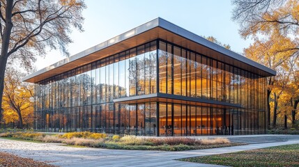 Modern glass building autumn park campus