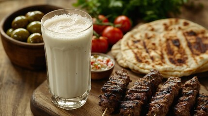Turkish ayran yogurt drink with kebabs, olives, and flatbread