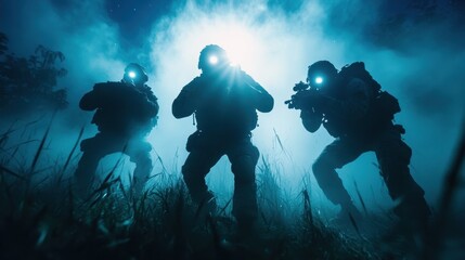 Silhouetted soldiers stand in a foggy landscape, their presence evoking a sense of mystery and suspense in a high-stakes environment suited for military scenarios.