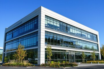 Obraz premium Modern office building, sunny day, park-like setting, corporate campus