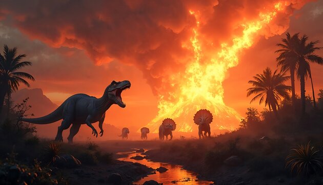 Prehistoric Volcano Eruption: Tyrannosaurus Rex and Triceratops Confronting Fiery Catastrophe