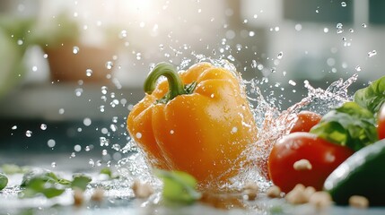 A visually striking image of a yellow bell pepper amidst a dramatic water splash, capturing the vibrant colors and freshness of healthy cooking ingredients.