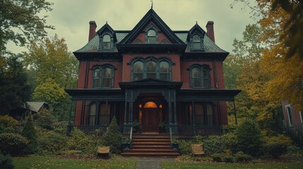 Fototapeta premium Autumnal Victorian mansion, forest backdrop, cinematic lighting, film production