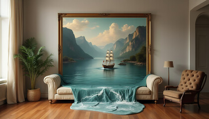 Ship Sailing from a Painting into a Living Room: Surreal Art Concept
