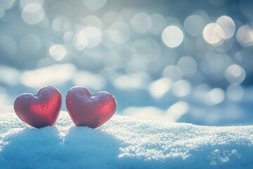 Fototapeta premium Two red hearts on snow, a Valentine's Day background banner with copy space for text, bokeh, a light blue and white color theme, stock photo.