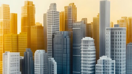 Fototapeta premium A city skyline with tall buildings and a yellow sun in the background