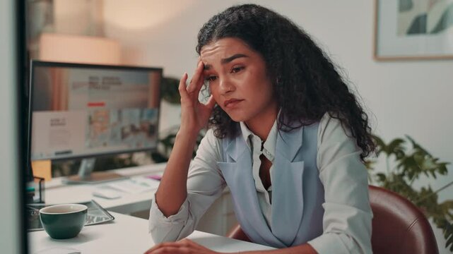 Frustrated, burnout and woman with headache, office and anxiety for deadline of project and creative. Overworked, copywriter and stress for person with migraine, thinking and overwhelmed by work