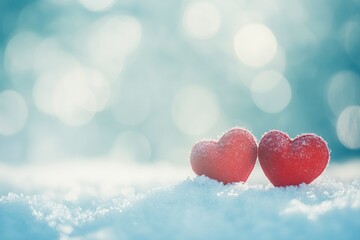 Obraz premium Two red hearts on snow, a Valentine's Day background banner with copy space for text, bokeh, a light blue and white color theme, stock photo.