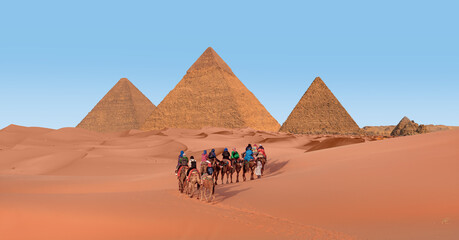 A Group of tourist riding a camel - Camels in Giza Pyramid Complex - Cairo, Egypt