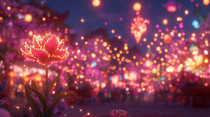Obraz premium vibrant flower illuminated by colorful lights in festive setting, surrounded by blurred decorations and glowing lanterns, creating magical atmosphere