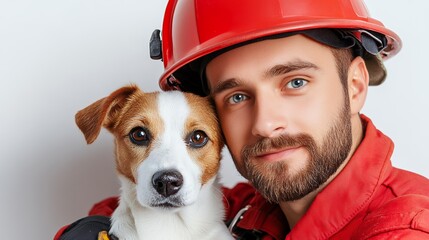Firefighter and Jack Russell Terrier Portrait Close up of a Bearded Man in Red Uniform Holding a Brown and White Dog