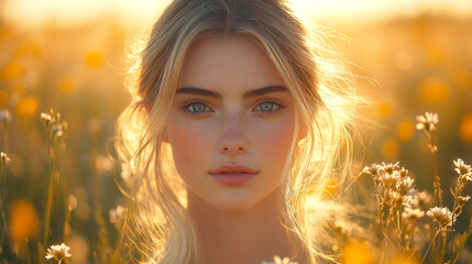 Beautiful young woman surrounded by wildflowers during golden hour in a sunlit field