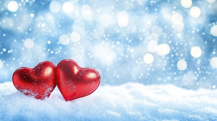 Fototapeta premium Two red hearts on snow, blue blurred background with bokeh lights, copy space for text, stock photo contest winner, banner, stock photo, website design template, background, banner, stock photography,