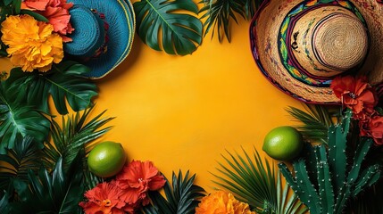 Cinco de Mayo festivities concept. celebratory accessories - colorful sombrero, vihuela, lime, cactus, serape, flag banner - all set against a yellow background with space for text.