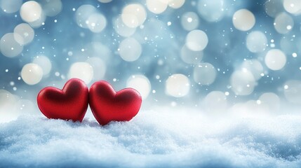 Fototapeta premium Two red hearts on snow, blue blurred background with bokeh lights, copy space for text, stock photo contest winner, banner, stock photo, website design template, background, banner, stock photography,