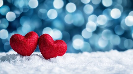 Fototapeta premium Two red hearts on snow, blue blurred background with bokeh lights, copy space for text, stock photo contest winner, banner, stock photo, website design template, background, banner, stock photography,