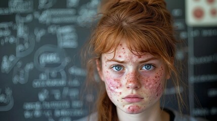 Contemplative Portrait of a Young Woman with Reddish-Blonde Hair Amidst a Blurred Mathematical Landscape, Highlighting the Beauty in Imperfection and Vulnerability