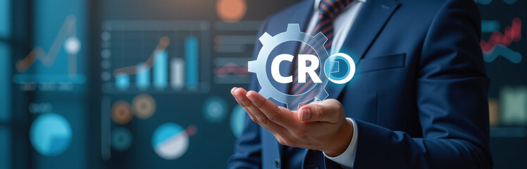 Businessman With Digital Gear Represents Cro Technology, A Strategy To Improve Online Performance And Boost Conversion Rates Efficiently Every Time. 00002