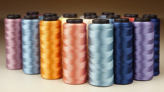 Variety of colorful sewing threads displayed in an organized manner on a table in a craft room during daylight