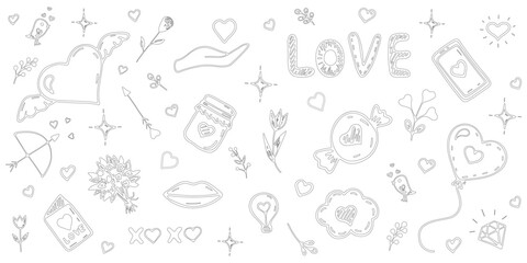Hand drawn collection of  love elements in linear style. Set of doodles. Valentines elements: hearts, baloon, flowers, lips, bow, arrow, telephone, candy, jar in sketch style. Vector illustration. 