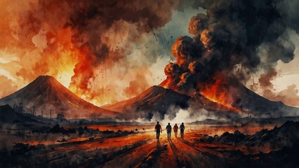 Fototapeta premium People Evacuating from Volcanic Eruption in Dramatic Landscape