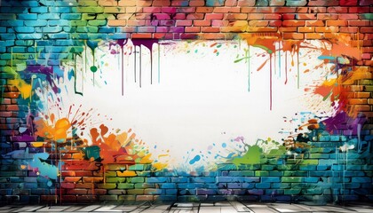 Fototapeta premium border frame of colorful grunge graffiti on white brick wall with copy space for text