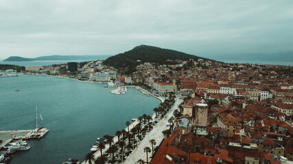 Obraz premium Aerial view Split Croatia. Historic city center with old architecture, cathedral bell tower, central square and pedestrian streets.