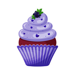 Isolated  cupcake with black currant on white background. Muffin in blue colours with berries. Element for celebration, holiday, social media, banners, advertising, bakery. Vector illustration