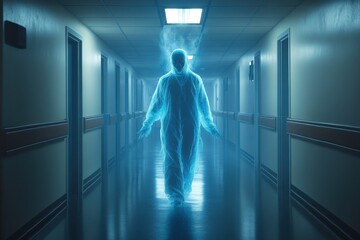 Fototapeta premium Mysterious figure walking through a dimly lit hospital corridor during the night with ethereal glow and eerie atmosphere
