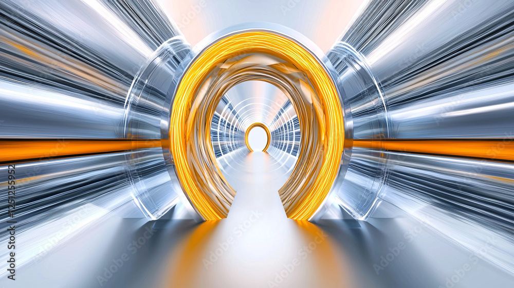 Poster a futuristic tunnel design featuring glowing circular elements and dynamic light trails, creating a 