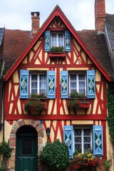 Charming historic house with colorful timber framing and flower boxes in a quaint village setting during daylight hours