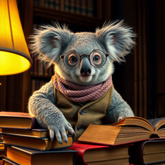 Koala wearing glasses sits at a desk surrounded by books in a cozy library setting