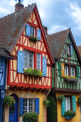 Obraz premium Colorful half-timbered houses create a picturesque view in a quaint village during a sunny afternoon