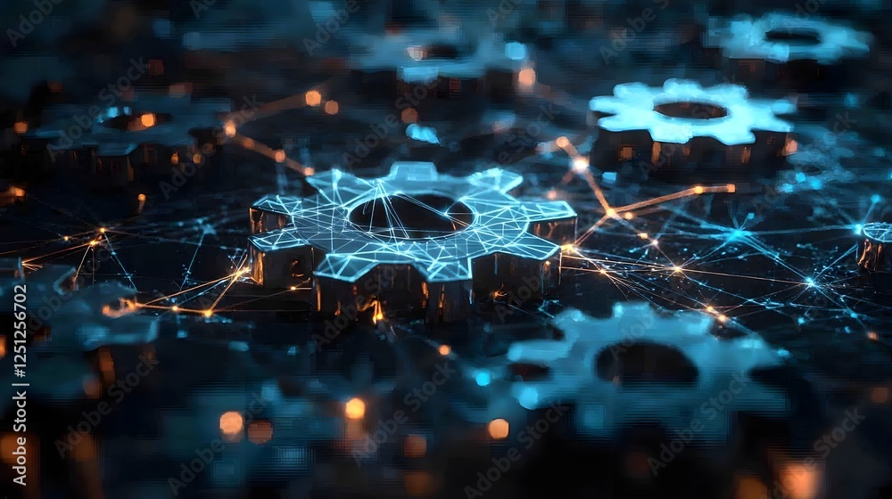 Poster an abstract background showcasing an intricate network of interconnected gears and light trails symb