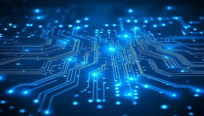 Blue Circuit Board Glowing Lines And Dots On Gradient Background, Vector, High-Tech Concept.