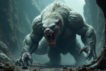 Massive, grey fur-covered creature with razor-sharp claws and teeth , mythic, colossal, legend