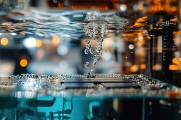 Innovative technology showcase a circuit board submerged in clear liquid industrial setting close-up perspective highlighting modern cooling techniques