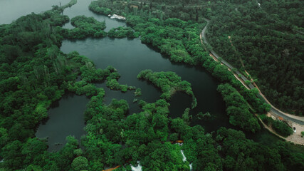 Plitvice lakes National Park Croatia, Europe, aerial view of waterfall and vibrant colored lakes