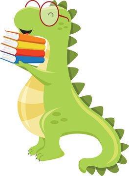 Cute Dino Holding Pile Of Books