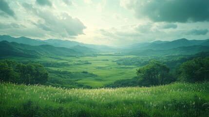 Obraz premium Serene valley vista, green hills, cloudy sky, pastoral scene, travel brochure