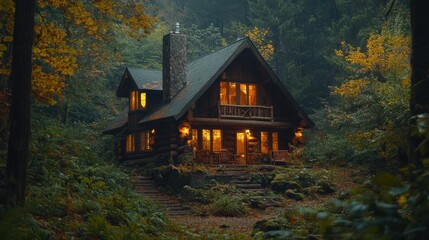 Illuminated log cabin, autumn forest, misty night, cozy retreat