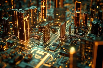 Illuminated cityscape resembling a circuit board urban setting night view digital art concept futuristic environment with neon highlights