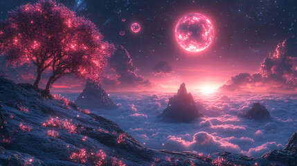 Night sky filled with vibrant pink clouds and a glowing moon over a serene landscape