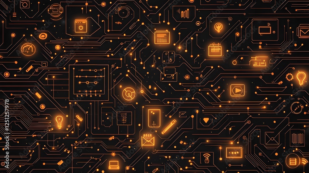 Poster futuristic circuit board pattern with glowing lines and floating technology icons representing the d