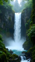 Majestic Waterfall Cascading Through Lush Green Gorge