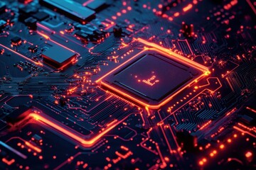 Obraz premium Artistic top view of a circuit board with neon standard design high-tech environment digital art content futuristic perspective for seo impact